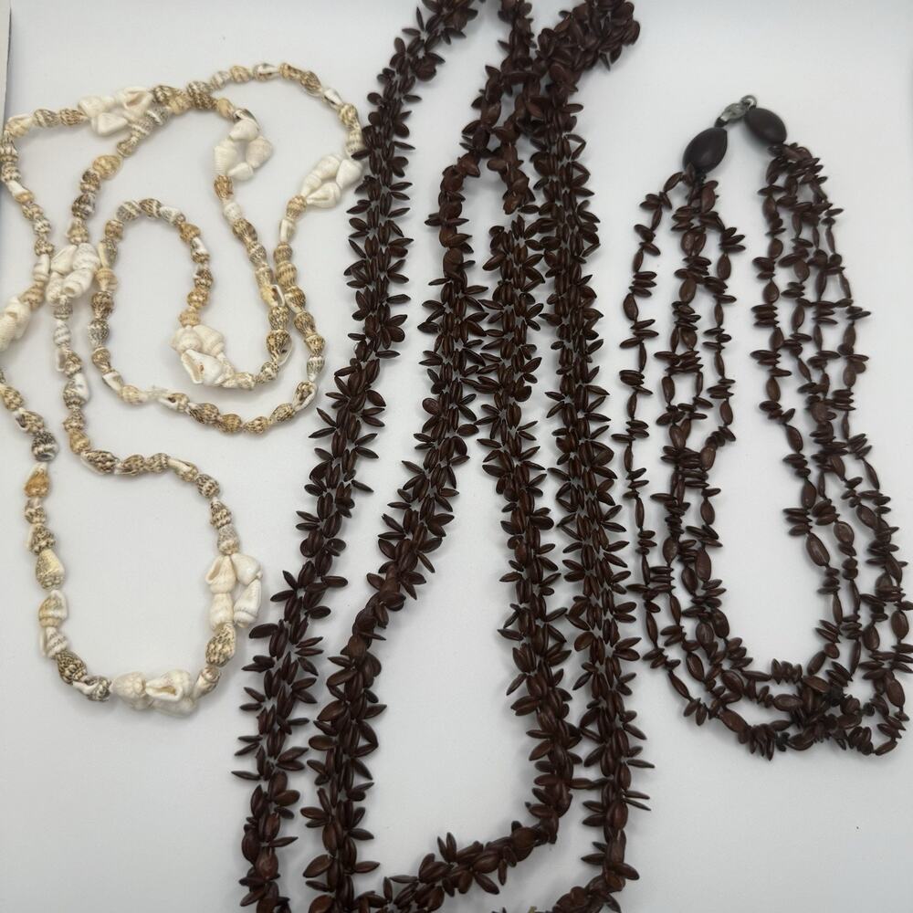Three Necklaces Shell Seed Style Lot‎ Beachy Boho Tan Brown 36” 48” 17”
